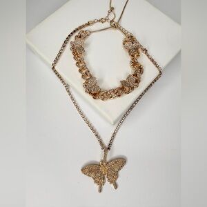 2 Piece Gold Butterfly Necklace Chain Set